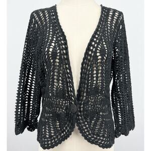 IB Diffusion Womens Black Crochet Open Knit Cardigan Medium Button Festival